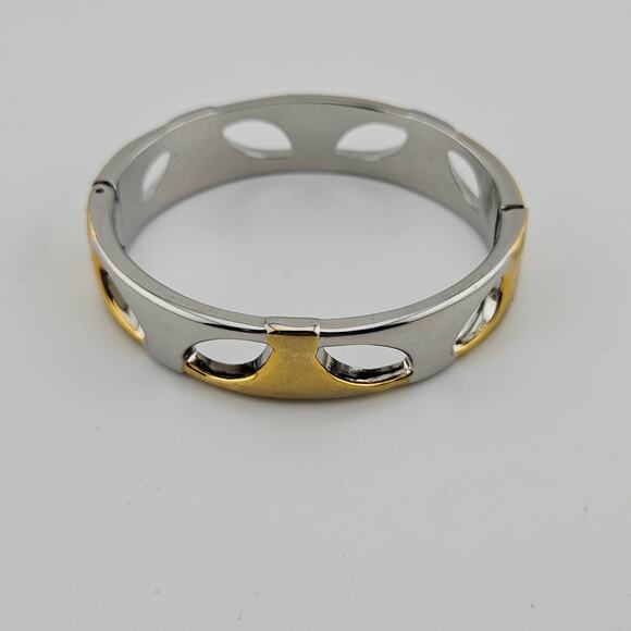 Two Tone Silver Gold Hinge Bangle Bracelet Leaf Cutout Stackable Everyday Classy - Picture 1 of 5